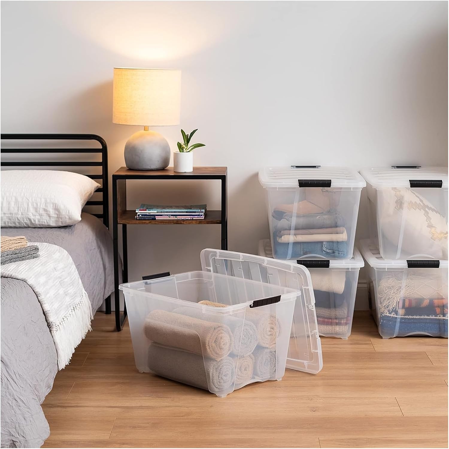IRIS USA 54 Qt Stackable Plastic Storage Bins with Lids. 6 Pack - BPA-Free. Made in USA - See-Through Organizing Solution. Latches. Durable Nestable Containers. Secure Pull Handle - Clear - Image 2