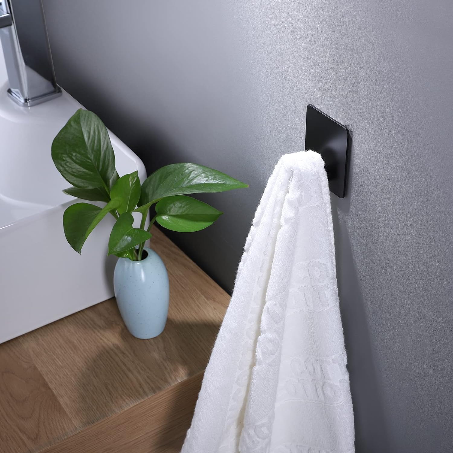 DELITON 2.8 x 2.8 Extra Large Adhesive Towel Hooks for Bathroom Kitchen – Heavy Duty No Damage 4 Pack – Perfect Stick On for Coats Robes Umbrellas Kitchen Utensils (Matte Black Stainless Steel) - Image 3