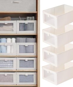 Pradnel Linen Closet Organizers And Storage. 4 Pack Storage Bins Baskets for Organization Foldable Organizer with Clear Window Organizing Clothing. Jeans. Shelves
