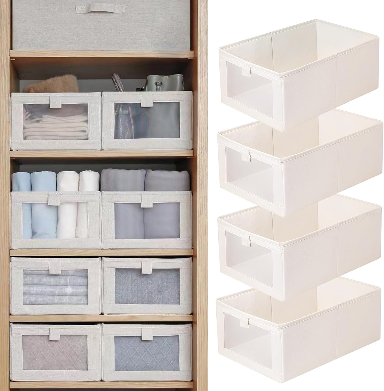 Pradnel Linen Closet Organizers And Storage. 4 Pack Storage Bins Baskets for Organization Foldable Organizer with Clear Window Organizing Clothing. Jeans. Shelves