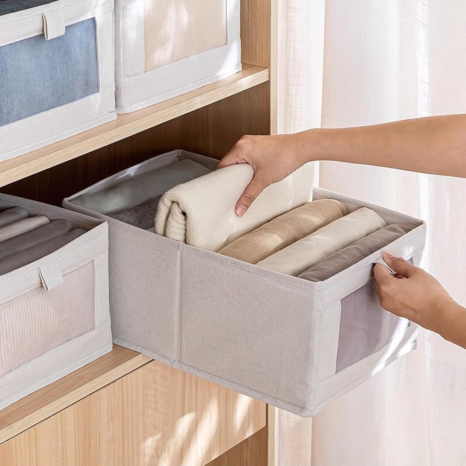 Pradnel Linen Closet Organizers And Storage. 4 Pack Storage Bins Baskets for Organization Foldable Organizer with Clear Window Organizing Clothing. Jeans. Shelves - Image 4