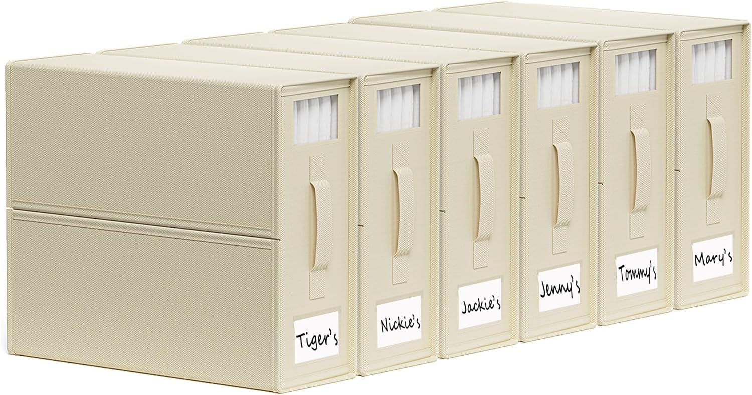 SheetCube Bed Sheet Organizers and Storage 6 Pack. Foldable Linen Closet Organizer with Window and Label. Bedding Folder Storage Box Container for Blanket. Duvet Cover Set. Bed Sheet Set - Beige