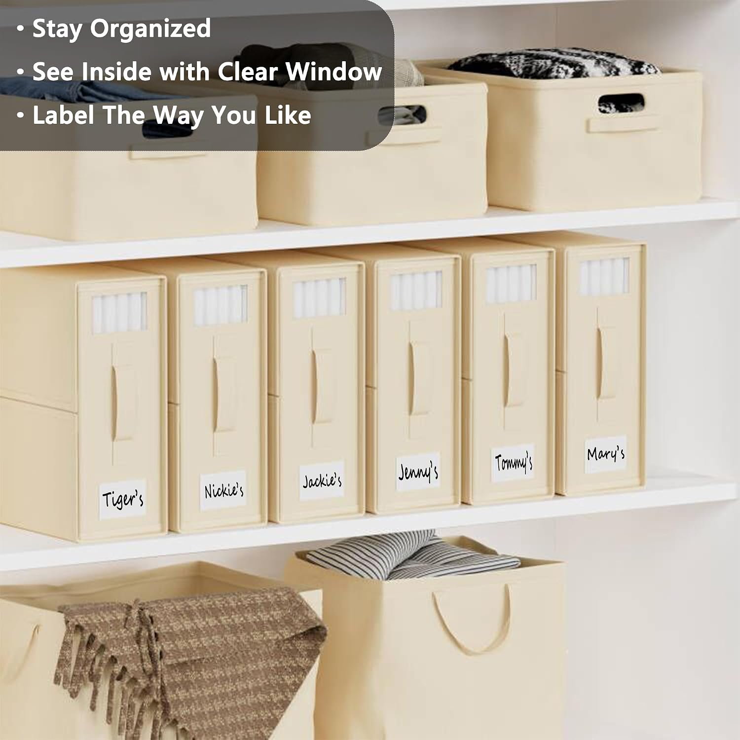 SheetCube Bed Sheet Organizers and Storage 6 Pack. Foldable Linen Closet Organizer with Window and Label. Bedding Folder Storage Box Container for Blanket. Duvet Cover Set. Bed Sheet Set - Beige - Image 2