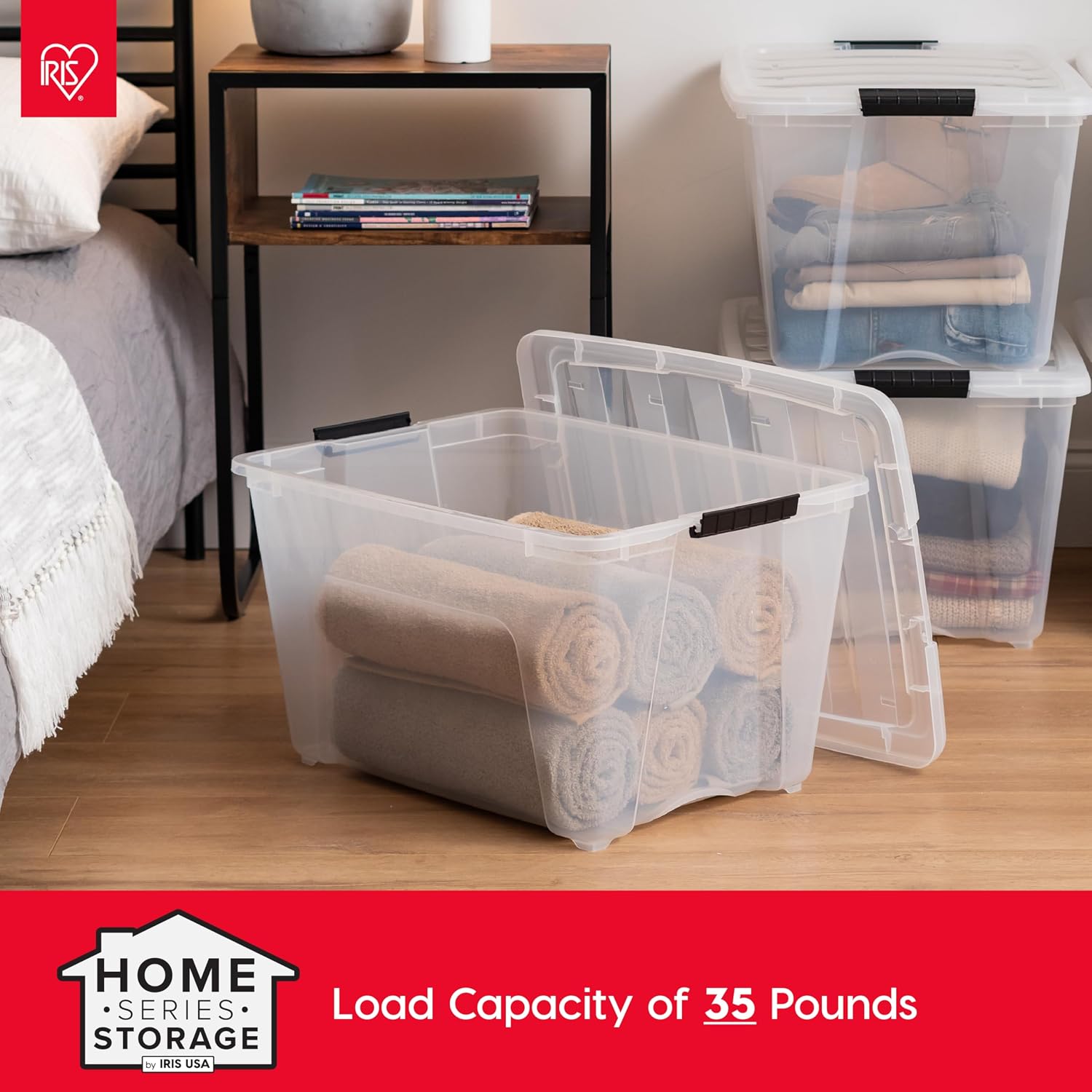 IRIS USA 54 Qt Stackable Plastic Storage Bins with Lids. 6 Pack - BPA-Free. Made in USA - See-Through Organizing Solution. Latches. Durable Nestable Containers. Secure Pull Handle - Clear - Image 10