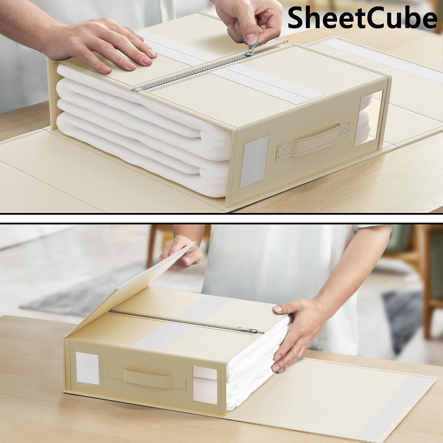 SheetCube Bed Sheet Organizers and Storage 6 Pack. Foldable Linen Closet Organizer with Window and Label. Bedding Folder Storage Box Container for Blanket. Duvet Cover Set. Bed Sheet Set - Beige - Image 4