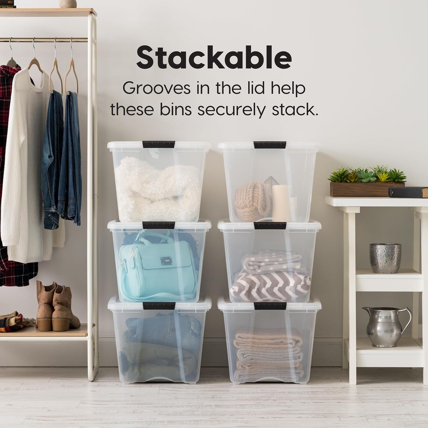 IRIS USA 54 Qt Stackable Plastic Storage Bins with Lids. 6 Pack - BPA-Free. Made in USA - See-Through Organizing Solution. Latches. Durable Nestable Containers. Secure Pull Handle - Clear - Image 3