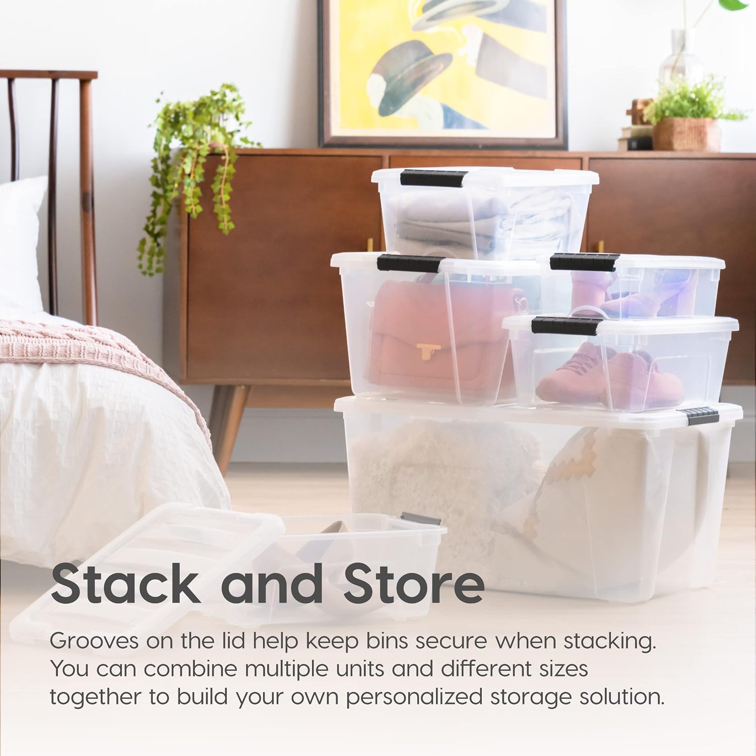 IRIS USA 54 Qt Stackable Plastic Storage Bins with Lids. 6 Pack - BPA-Free. Made in USA - See-Through Organizing Solution. Latches. Durable Nestable Containers. Secure Pull Handle - Clear - Image 8
