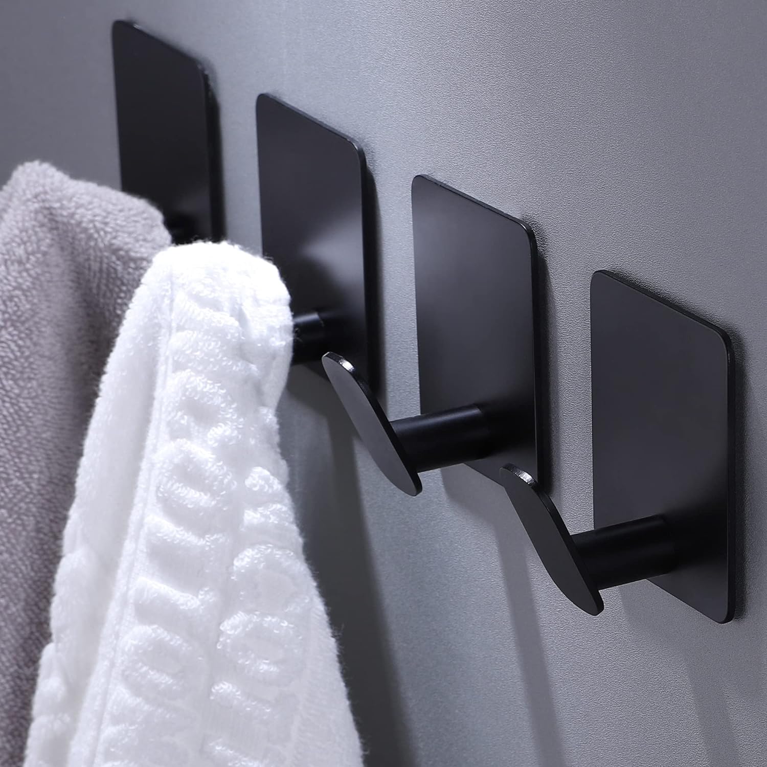 DELITON 2.8 x 2.8 Extra Large Adhesive Towel Hooks for Bathroom Kitchen – Heavy Duty No Damage 4 Pack – Perfect Stick On for Coats Robes Umbrellas Kitchen Utensils (Matte Black Stainless Steel)