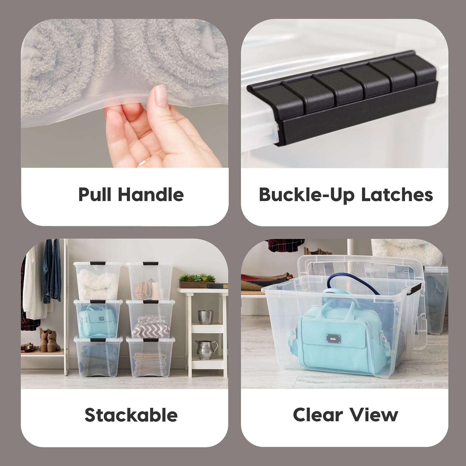 IRIS USA 54 Qt Stackable Plastic Storage Bins with Lids. 6 Pack - BPA-Free. Made in USA - See-Through Organizing Solution. Latches. Durable Nestable Containers. Secure Pull Handle - Clear - Image 7