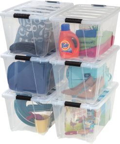 IRIS USA 54 Qt Stackable Plastic Storage Bins with Lids. 6 Pack - BPA-Free. Made in USA - See-Through Organizing Solution. Latches. Durable Nestable Containers. Secure Pull Handle - Clear